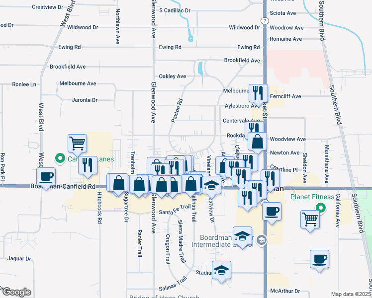 map of restaurants, bars, coffee shops, grocery stores, and more near 7148 Glendale Avenue in Youngstown