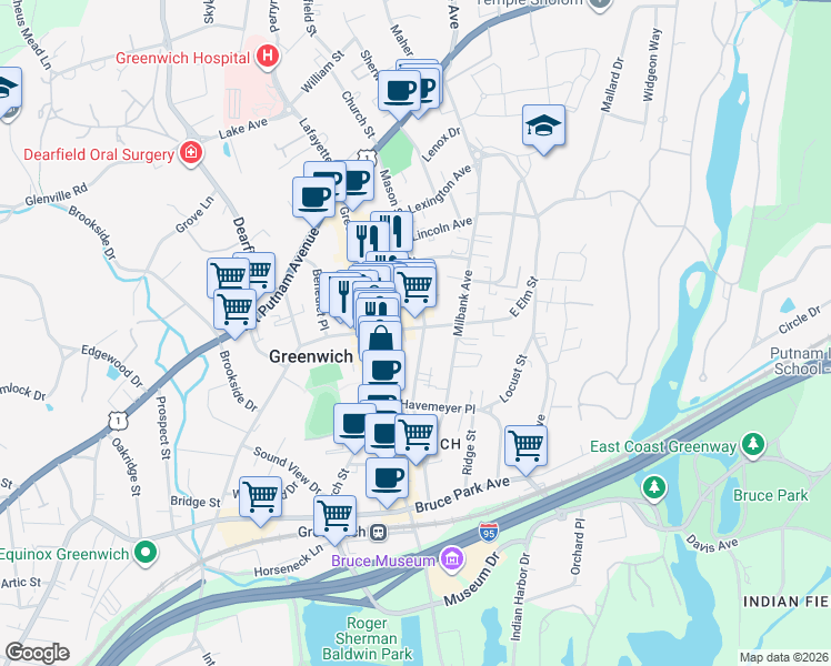 map of restaurants, bars, coffee shops, grocery stores, and more near 40 East Elm Street in Greenwich