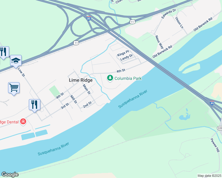 map of restaurants, bars, coffee shops, grocery stores, and more near Columbia Park Ln in Lime Ridge
