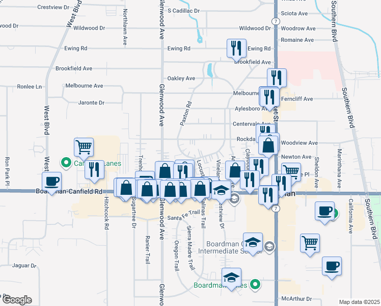 map of restaurants, bars, coffee shops, grocery stores, and more near 7075 Paxton Road in Youngstown