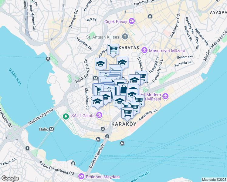 map of restaurants, bars, coffee shops, grocery stores, and more near 19 Serdar-ı Ekrem Caddesi in Beyoğlu
