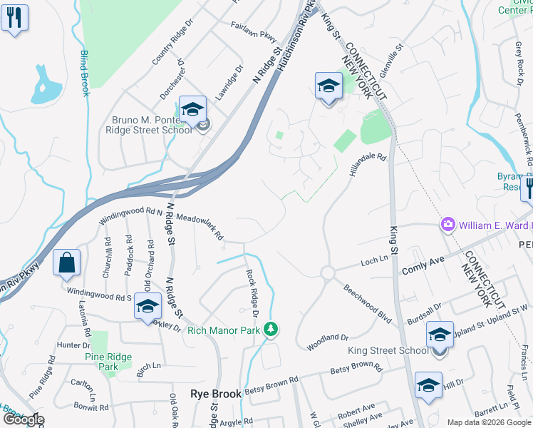 map of restaurants, bars, coffee shops, grocery stores, and more near 29 Meadowlark Road in Rye Brook