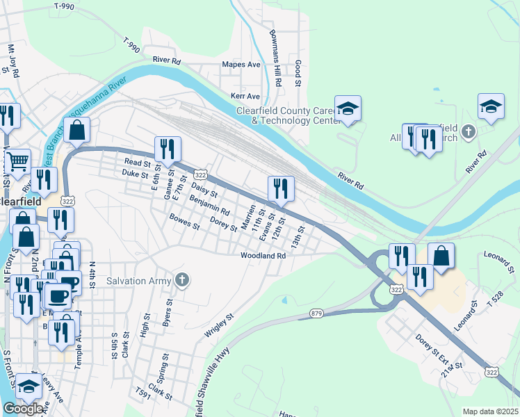 map of restaurants, bars, coffee shops, grocery stores, and more near 1024 Daisy Street in Clearfield