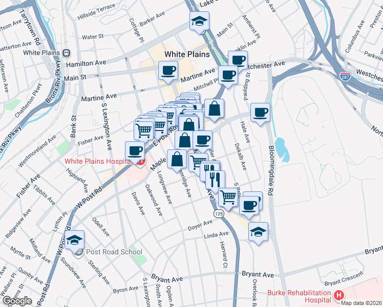 map of restaurants, bars, coffee shops, grocery stores, and more near in White Plains