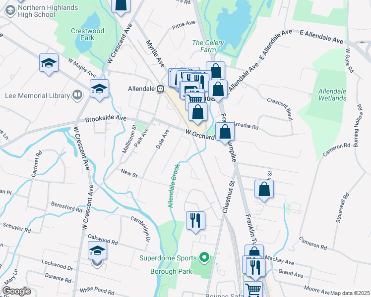 map of restaurants, bars, coffee shops, grocery stores, and more near 19 Trotters Lane in Allendale