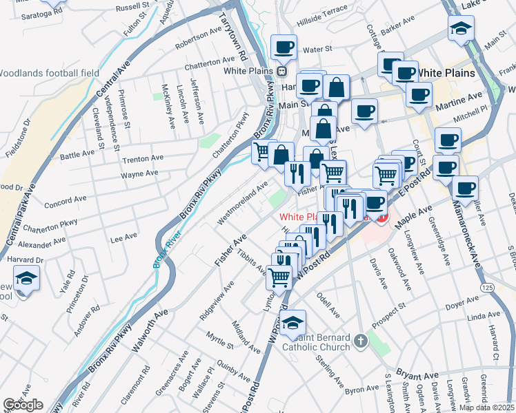 map of restaurants, bars, coffee shops, grocery stores, and more near 154 Fisher Avenue in White Plains