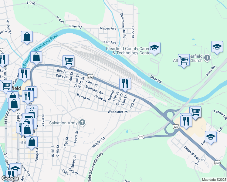 map of restaurants, bars, coffee shops, grocery stores, and more near 1014 Daisy Street in Clearfield