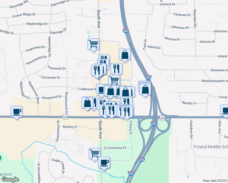 map of restaurants, bars, coffee shops, grocery stores, and more near 1201 Doral Drive in Youngstown