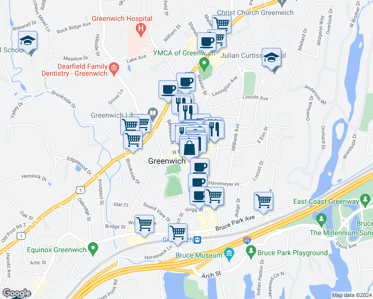map of restaurants, bars, coffee shops, grocery stores, and more near 265 Greenwich Avenue in Greenwich