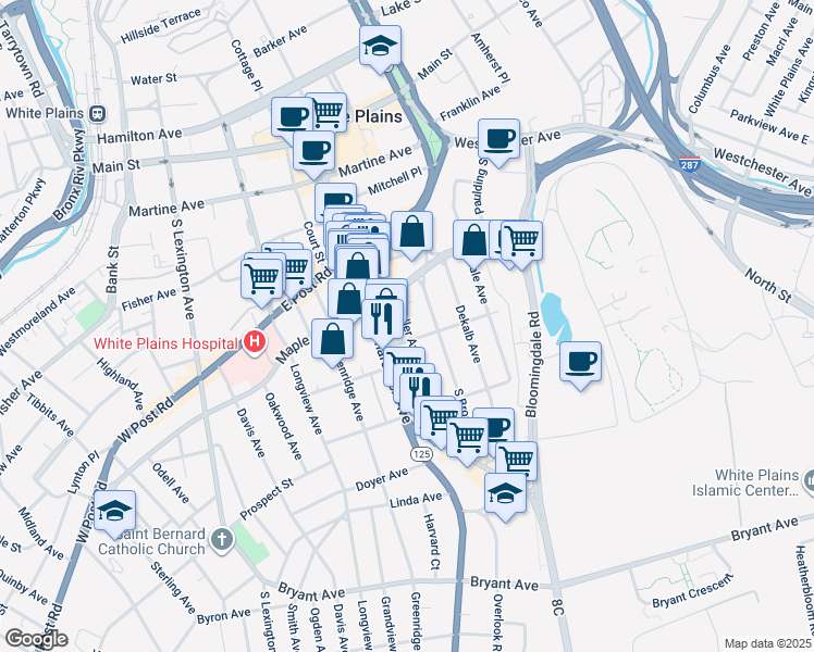 map of restaurants, bars, coffee shops, grocery stores, and more near 64 Waller Avenue in White Plains