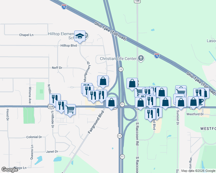 map of restaurants, bars, coffee shops, grocery stores, and more near 61 Talsman Drive in Canfield