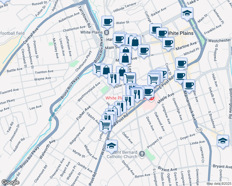 map of restaurants, bars, coffee shops, grocery stores, and more near 95 Bank Street in White Plains