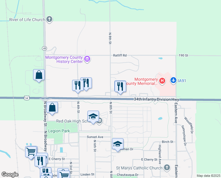 map of restaurants, bars, coffee shops, grocery stores, and more near 2483 North 8th Street in Red Oak