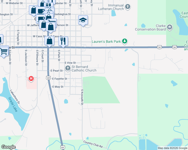 map of restaurants, bars, coffee shops, grocery stores, and more near 114 Country Club Drive in Osceola