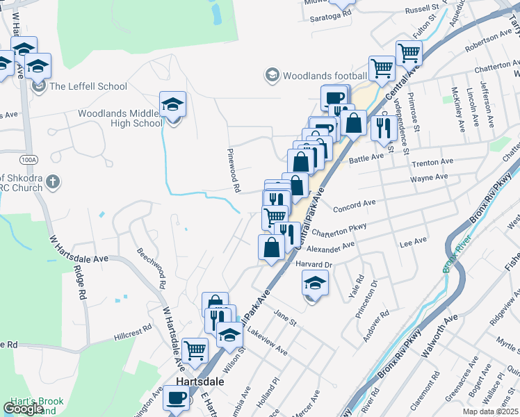 map of restaurants, bars, coffee shops, grocery stores, and more near 7 Brookdell Drive in Hartsdale