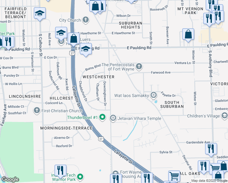 map of restaurants, bars, coffee shops, grocery stores, and more near 6301 South Hanna Street in Fort Wayne