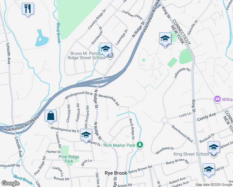 map of restaurants, bars, coffee shops, grocery stores, and more near 15 Meadowlark Road in Rye Brook