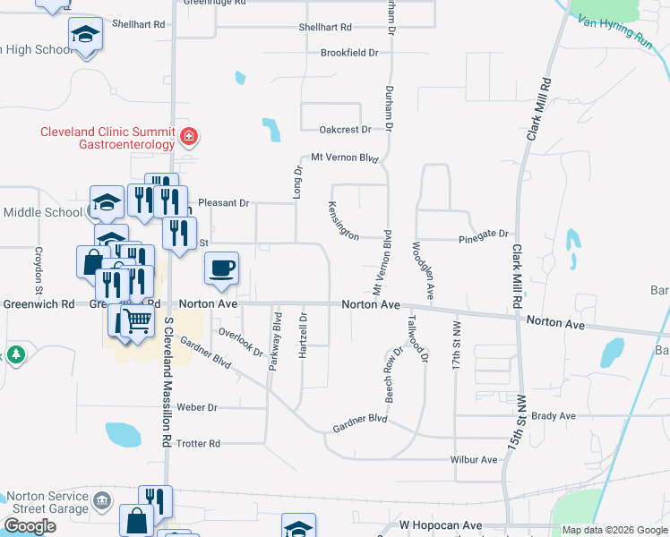 map of restaurants, bars, coffee shops, grocery stores, and more near 3935 Long Drive in Norton