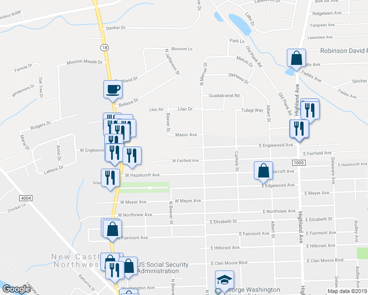 map of restaurants, bars, coffee shops, grocery stores, and more near 4145 Bristol Lane in New Castle