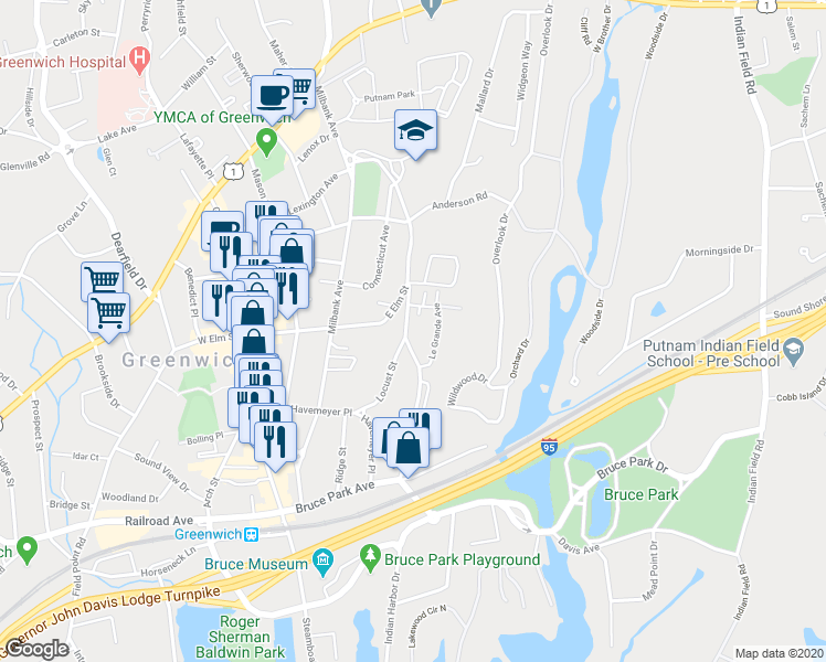 map of restaurants, bars, coffee shops, grocery stores, and more near 12 Locust Street in Greenwich