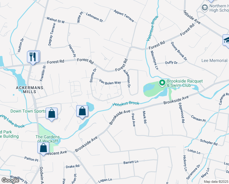 map of restaurants, bars, coffee shops, grocery stores, and more near 83 Frost Lane in Mahwah
