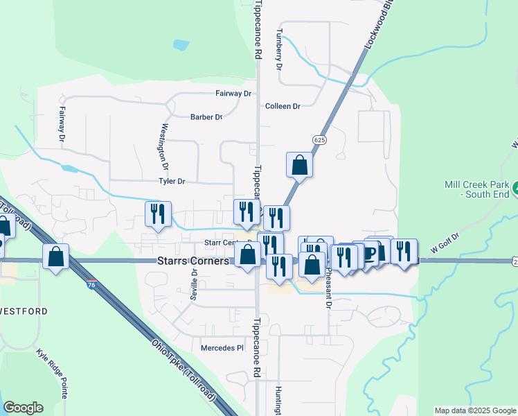 map of restaurants, bars, coffee shops, grocery stores, and more near 7100 Lockwood Boulevard in Youngstown