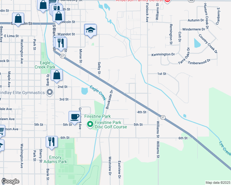 map of restaurants, bars, coffee shops, grocery stores, and more near 1012 Brookview Court in Findlay