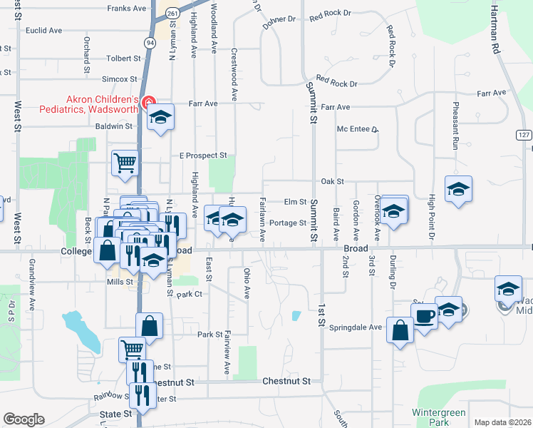 map of restaurants, bars, coffee shops, grocery stores, and more near 159 Fairlawn Avenue in Wadsworth