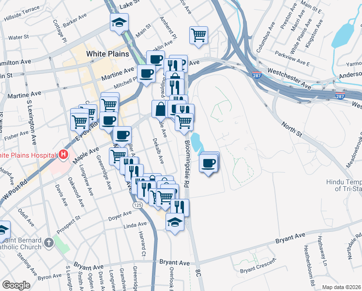 map of restaurants, bars, coffee shops, grocery stores, and more near 120 Bloomingdale Road in White Plains