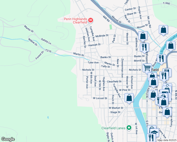 map of restaurants, bars, coffee shops, grocery stores, and more near 710 Nichols Street in Clearfield