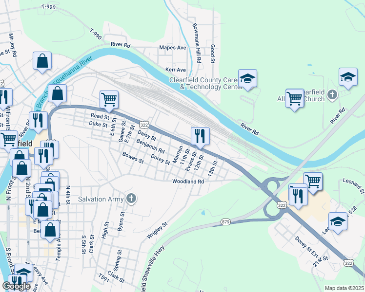 map of restaurants, bars, coffee shops, grocery stores, and more near 1014 Daisy Street in Clearfield