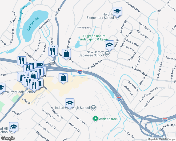 map of restaurants, bars, coffee shops, grocery stores, and more near 23 High Mountain Road in Oakland
