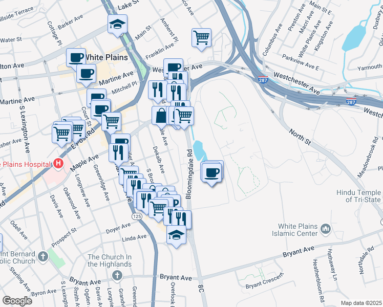 map of restaurants, bars, coffee shops, grocery stores, and more near Bloomingdale Road in White Plains
