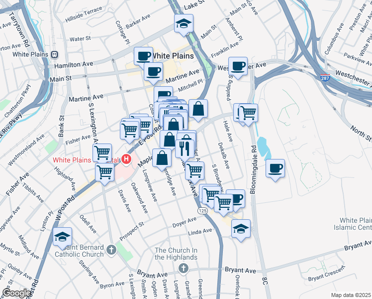 map of restaurants, bars, coffee shops, grocery stores, and more near in White Plains