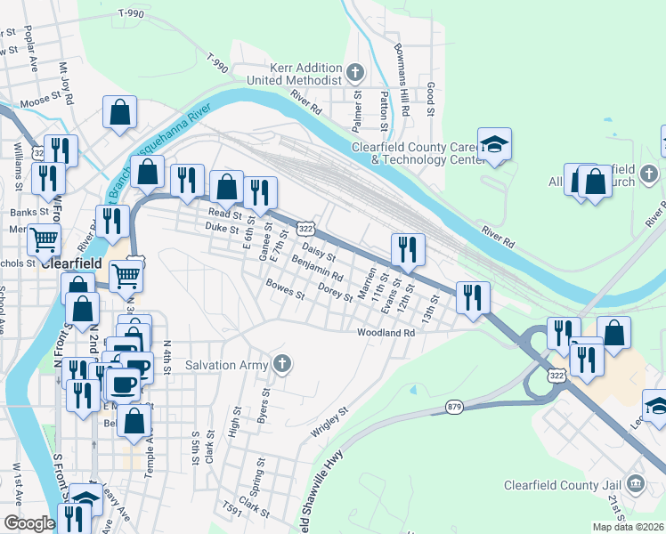map of restaurants, bars, coffee shops, grocery stores, and more near 502 10th Street in Clearfield