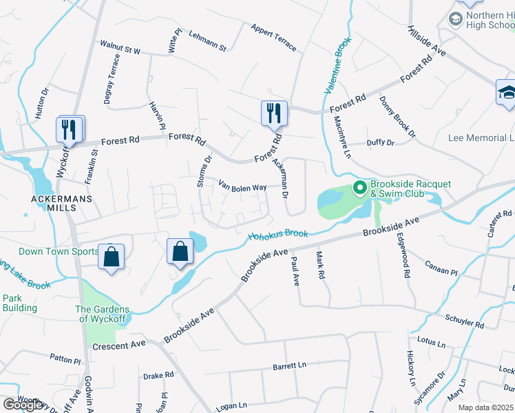 map of restaurants, bars, coffee shops, grocery stores, and more near 83 Frost Lane in Mahwah