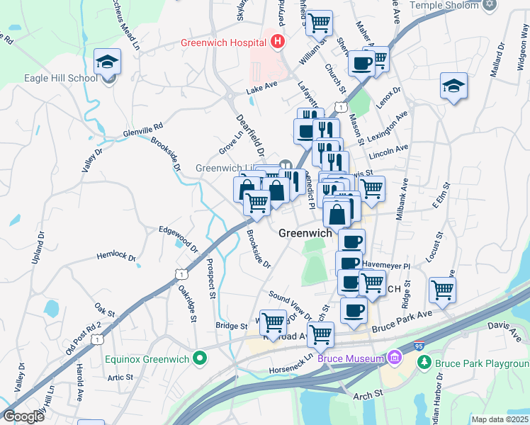 map of restaurants, bars, coffee shops, grocery stores, and more near 137 West Putnam Avenue in Greenwich
