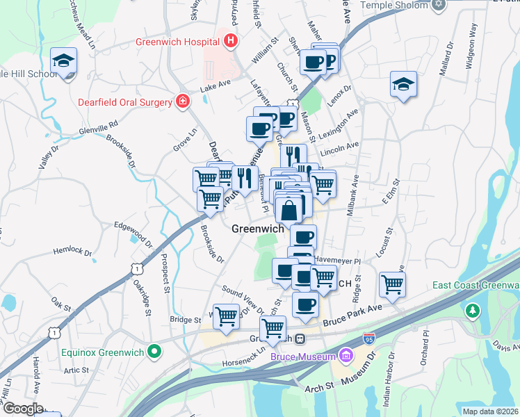 map of restaurants, bars, coffee shops, grocery stores, and more near in Greenwich