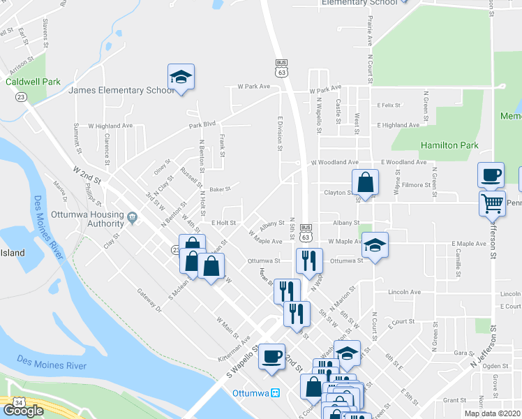 map of restaurants, bars, coffee shops, grocery stores, and more near 326 North Mclean Street in Ottumwa