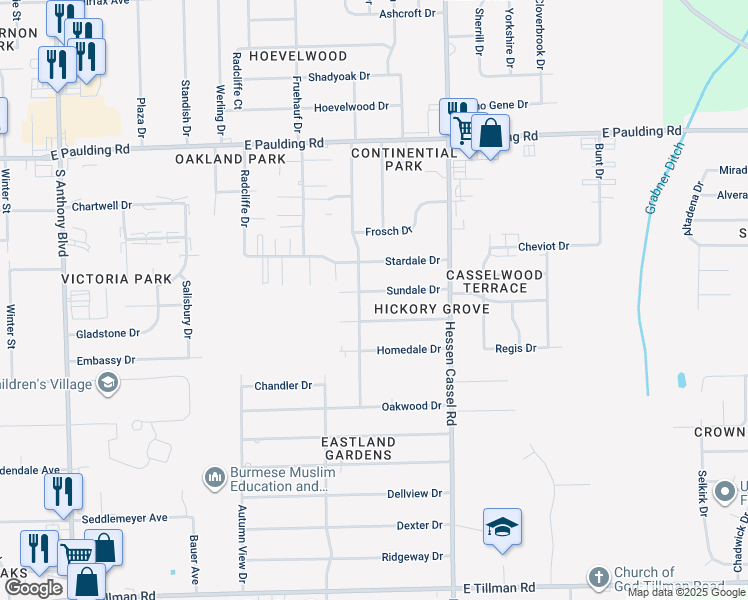 map of restaurants, bars, coffee shops, grocery stores, and more near 2912 Sundale Drive in Fort Wayne