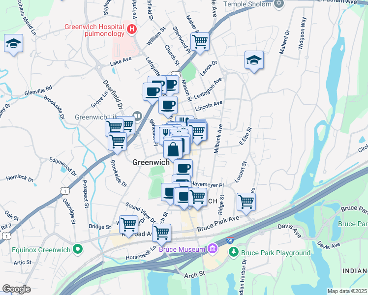 map of restaurants, bars, coffee shops, grocery stores, and more near 265 Greenwich Avenue in Greenwich