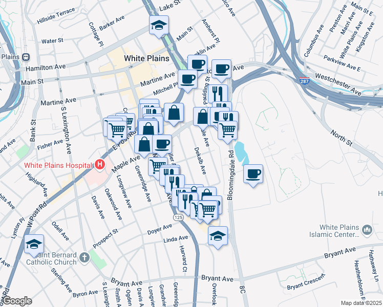 map of restaurants, bars, coffee shops, grocery stores, and more near 132 South Broadway in White Plains