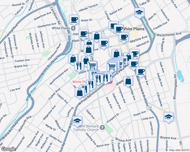 map of restaurants, bars, coffee shops, grocery stores, and more near 168 South Lexington Avenue in White Plains