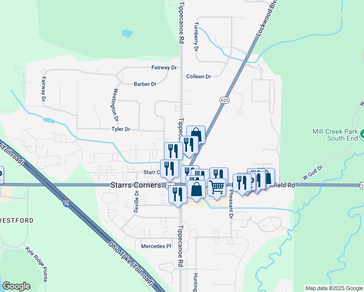 map of restaurants, bars, coffee shops, grocery stores, and more near 7100 Lockwood Boulevard in Youngstown