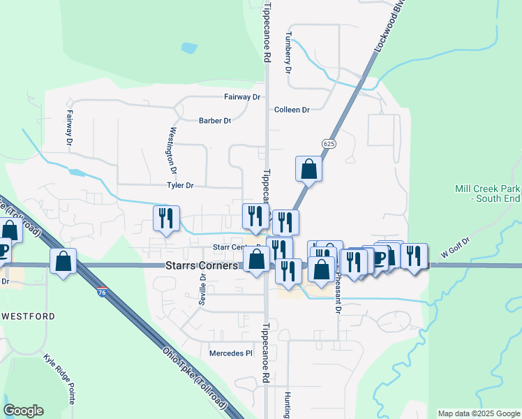 map of restaurants, bars, coffee shops, grocery stores, and more near 3635 Indian Run Drive in Canfield