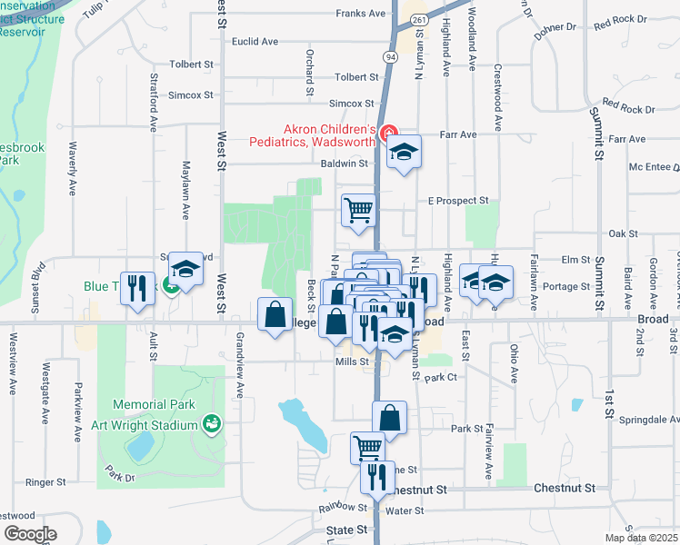 map of restaurants, bars, coffee shops, grocery stores, and more near 134 North Pardee Street in Wadsworth