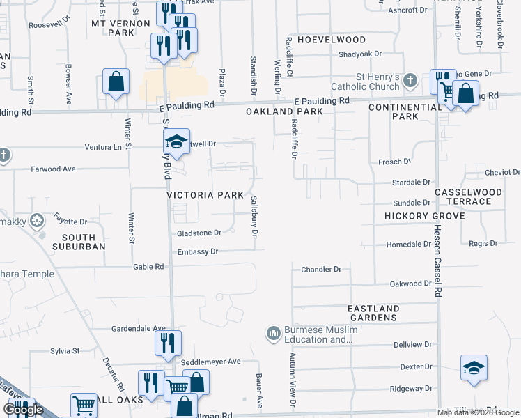 map of restaurants, bars, coffee shops, grocery stores, and more near 6325 Salisbury Drive in Fort Wayne