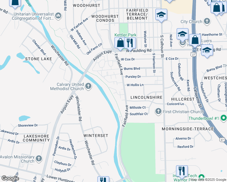 map of restaurants, bars, coffee shops, grocery stores, and more near 431 Fairwick Lane in Fort Wayne