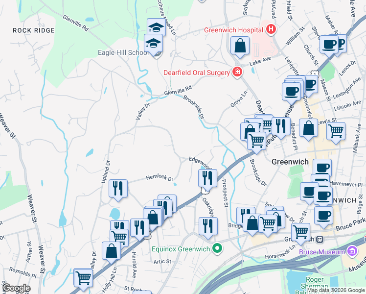 map of restaurants, bars, coffee shops, grocery stores, and more near 33 Hemlock Drive in Greenwich