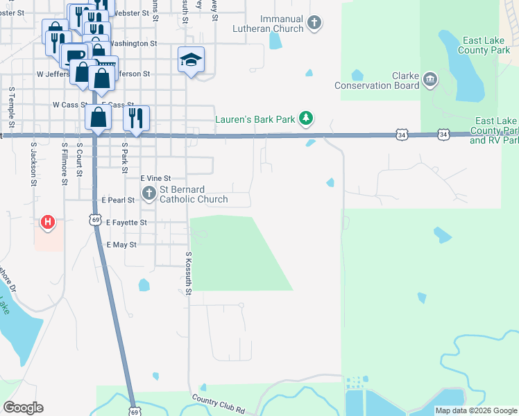 map of restaurants, bars, coffee shops, grocery stores, and more near 102 Country Club Drive in Osceola